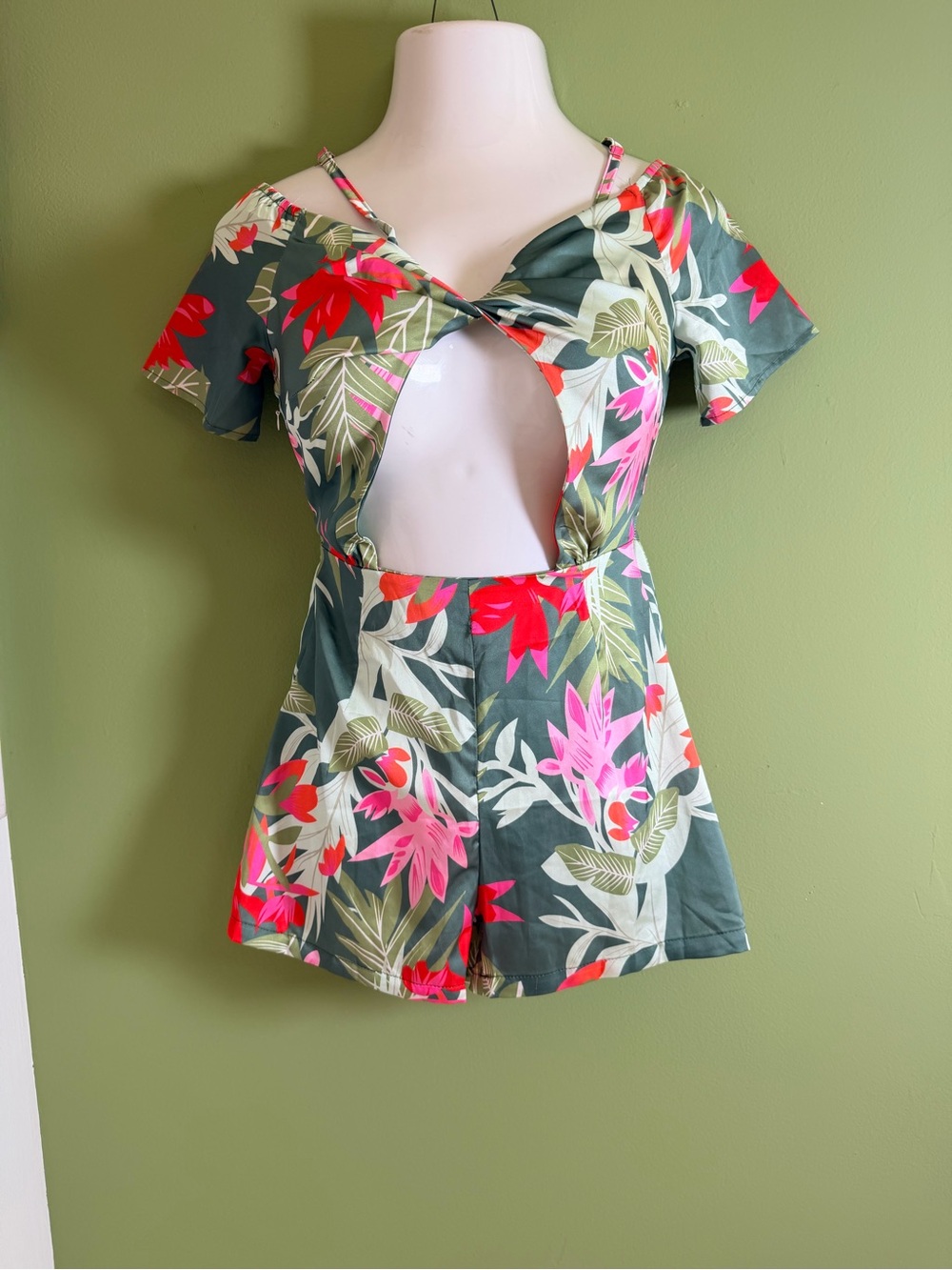 Beachy Green Tropical Floral Cutout Swim Romper with Pink Accents - Picture 2 of 9